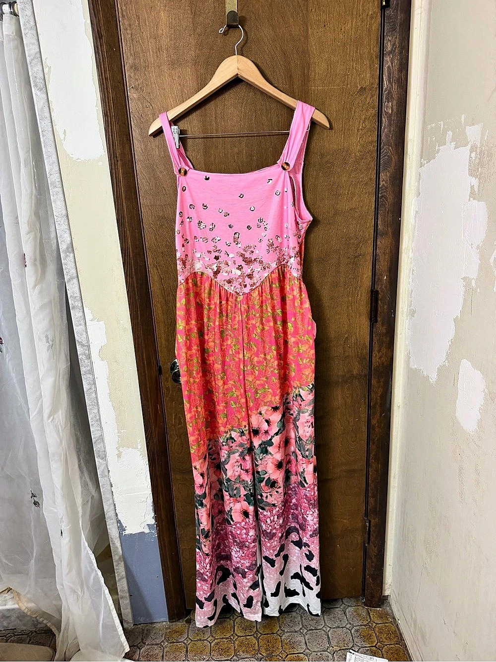 Source Unknown Pink Floral Maxi Jumpsuit with Embellished Bodice